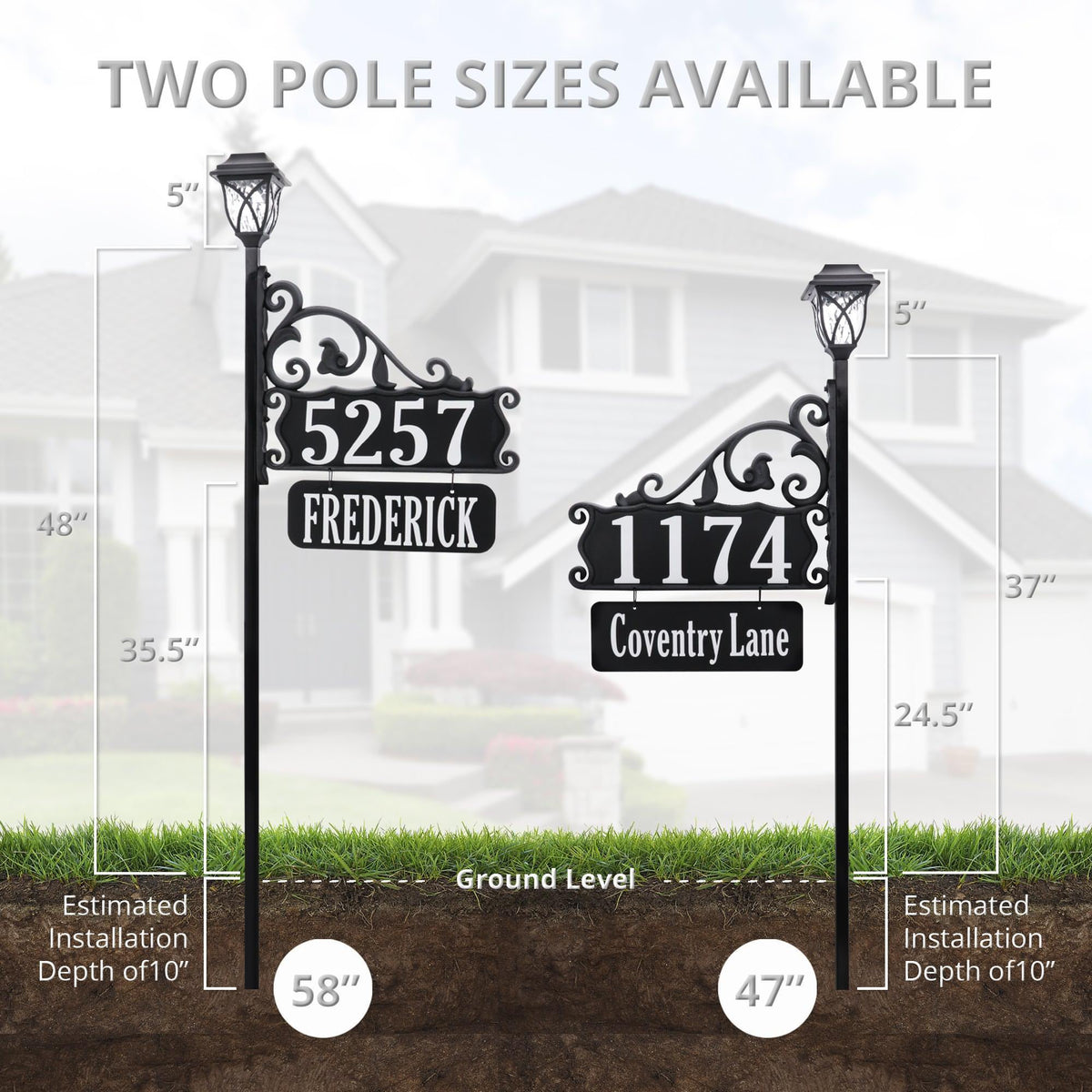 Boardwalk Reflective Address Sign With Name Rider and LED Solar Light