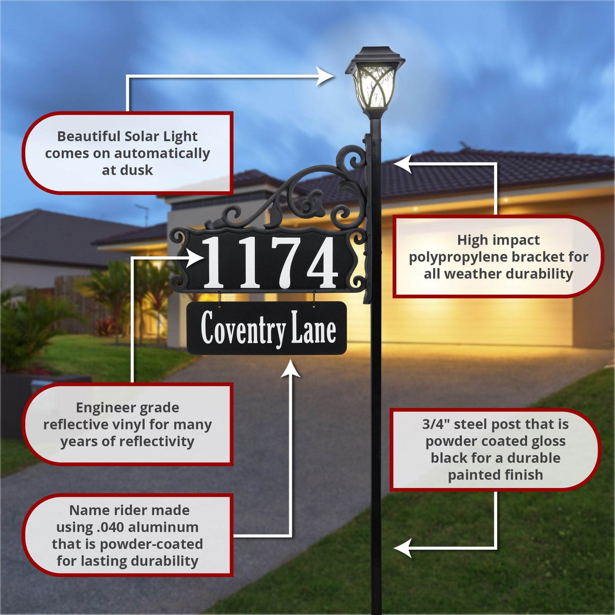 Boardwalk Reflective Address Sign With Name Rider and LED Solar Light
