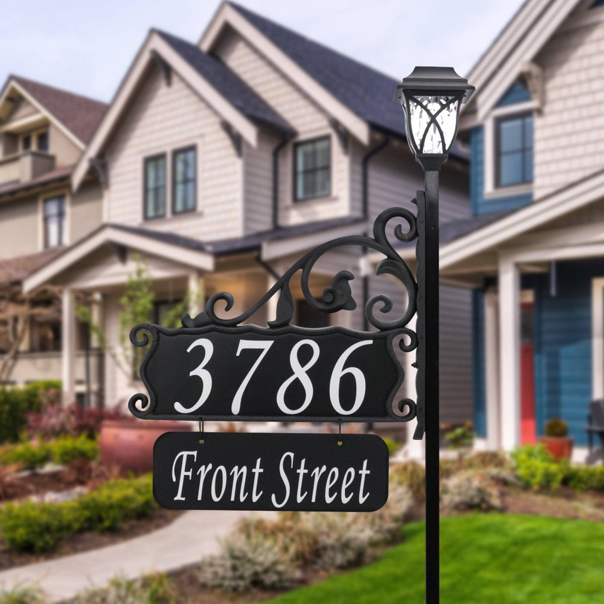 Boardwalk Reflective Address Sign With Name Rider and LED Solar Light