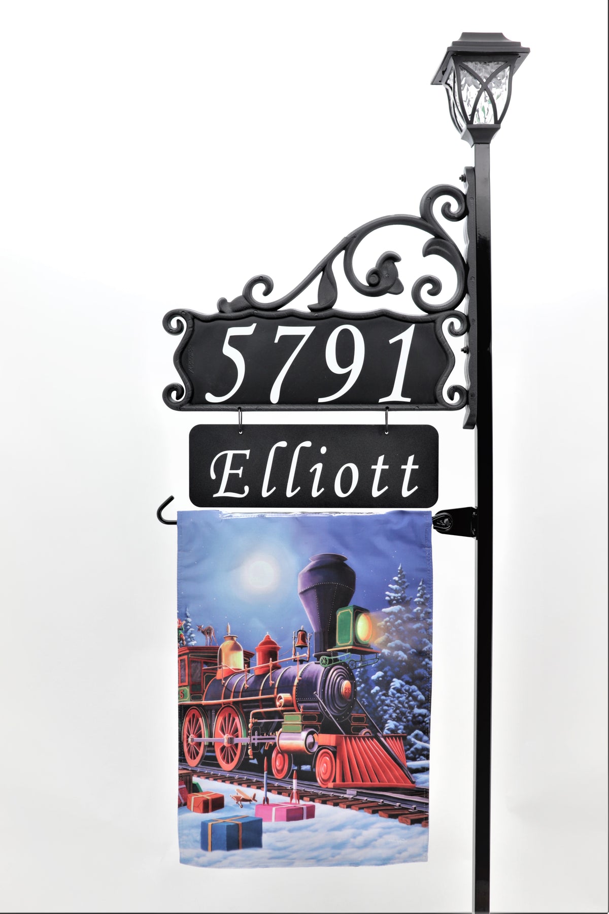 Boardwalk Address Sign with Name Rider, Solar Lamp and Flag Option