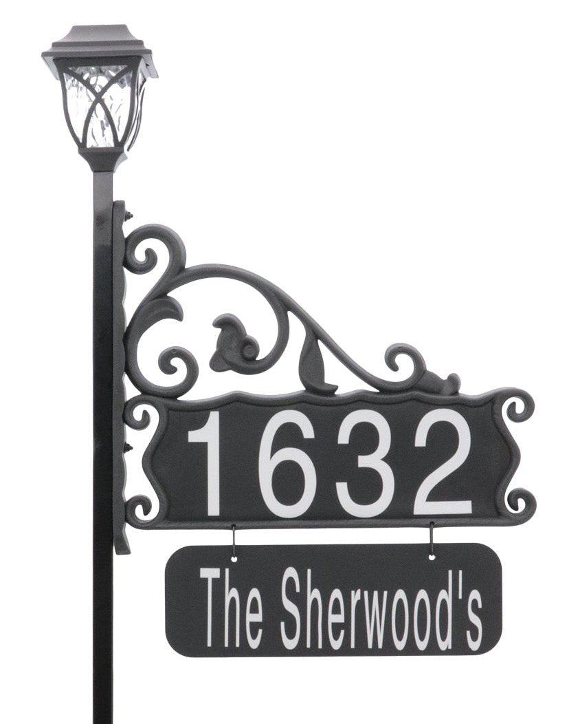 Boardwalk Reflective Address Sign With Name Rider and LED Solar Light